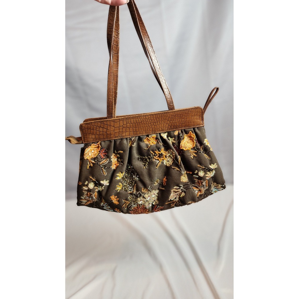 Christiana Vintage 90s Boho Floral Embroidered Sequin Brown Croc Shoulder Bag